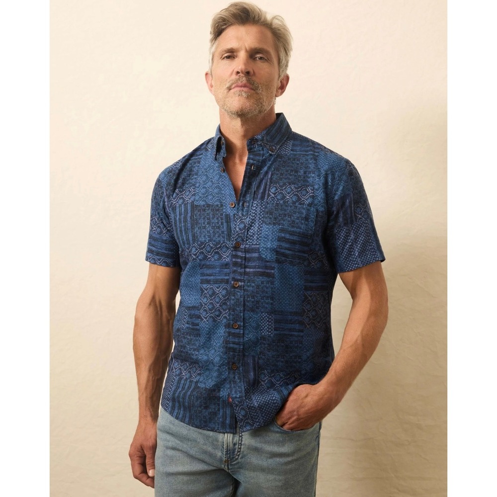 Faherty Short Sleeve Breeze Shirt Harbor Blues‎ Patchwork Linen Blend